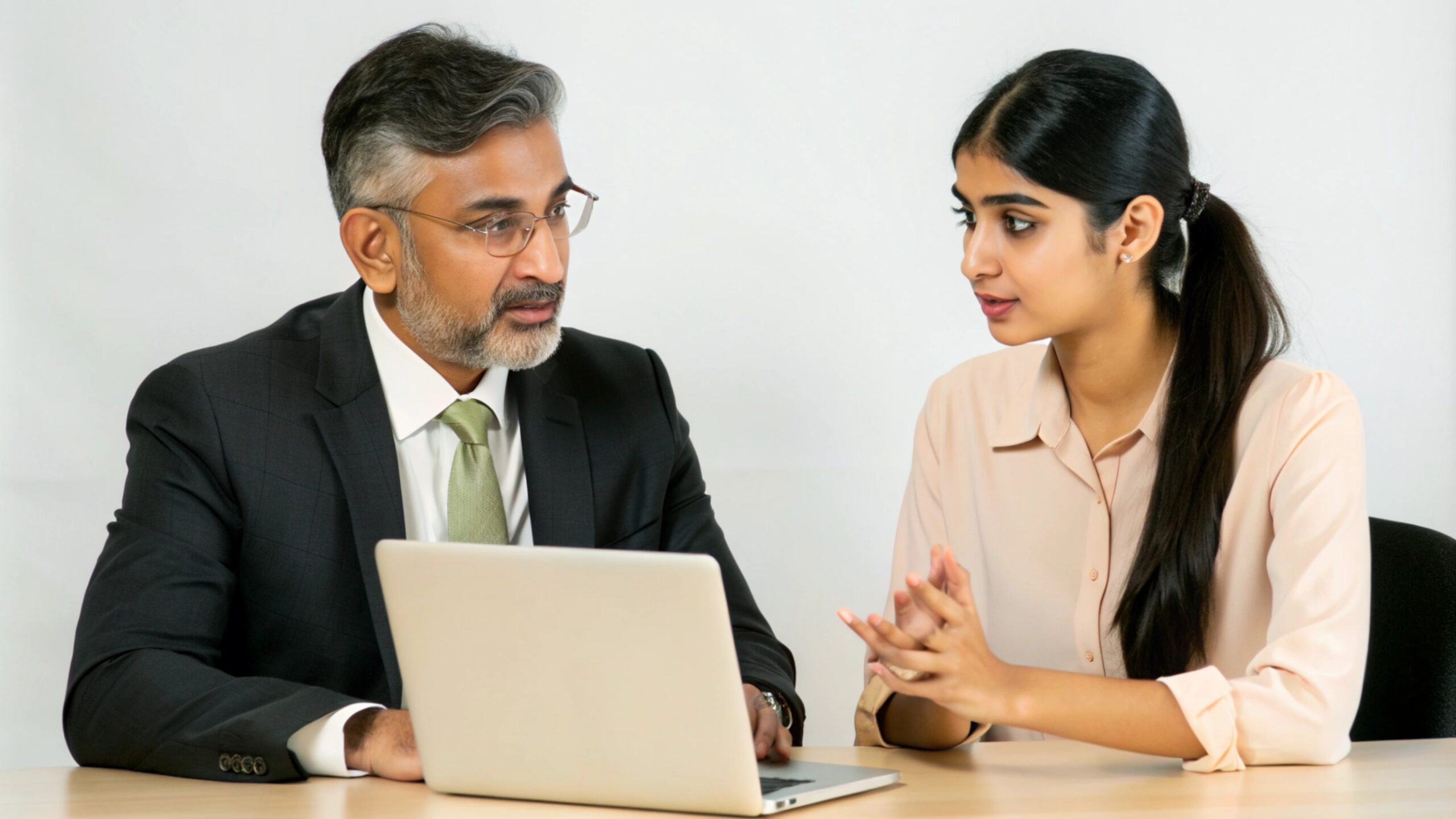 Serious indian mentor worker talk to female colleague teach intern